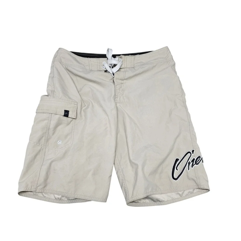 O'Neill Mens Khaki Tan Board Shorts Size 31 Cargo Pocket Script Logo Swim Trunks